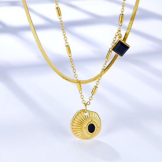 Chic Women Doulbe Layer Necklace Shell Black Drip Oil Charm Gold Color Stainless Steel Snake Chain For Girls