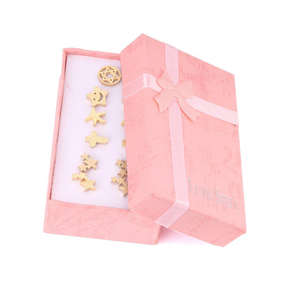 ASON 6pairs/Box Cute Baby Cross/Smile/Star/Round Piercing Stud Earrings Set Gold Color Accessories  Stainless Steel Jewelry