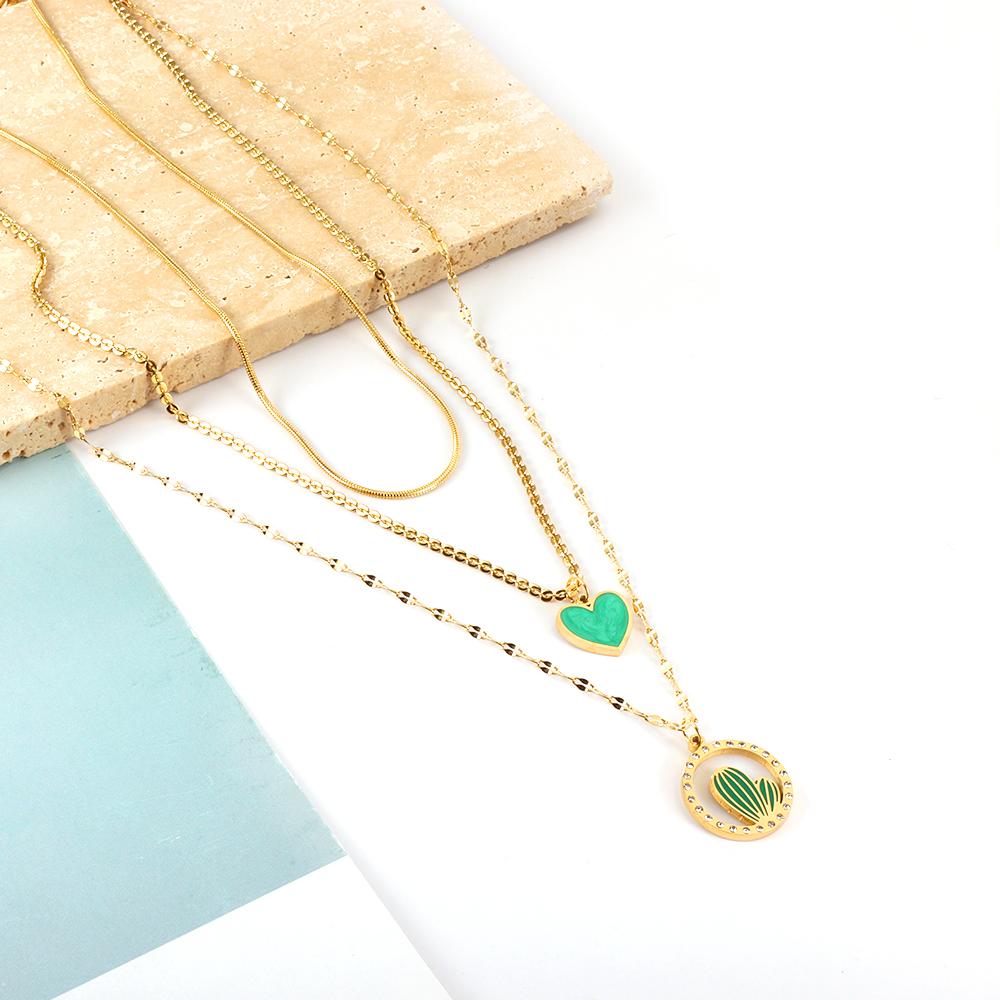 ASON Trendy Heart Cactus Accessories Multi-layer Chain Pendant Necklace Gold Color Stainless Steel For Women Jewelry Choker