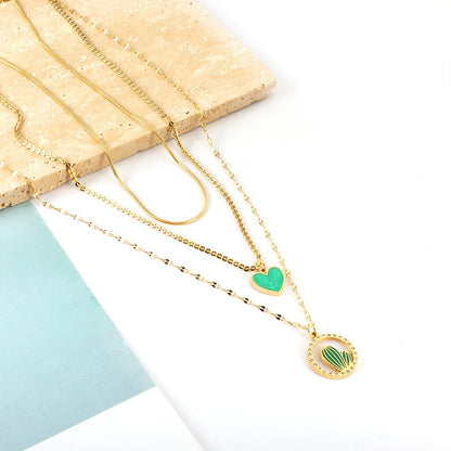 ASON Trendy Heart Cactus Accessories Multi-layer Chain Pendant Necklace Gold Color Stainless Steel For Women Jewelry Choker