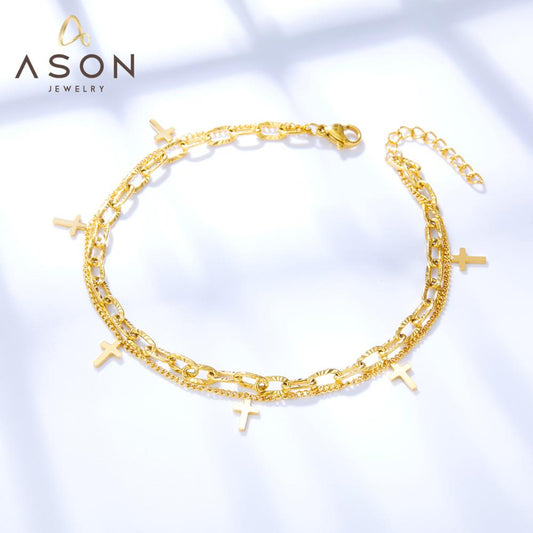 ASON Cross Accessories Multi-layer Link Chains Fashion Anklet Gold Color Stainless Steel For Women Daily Party Gift Jewelry