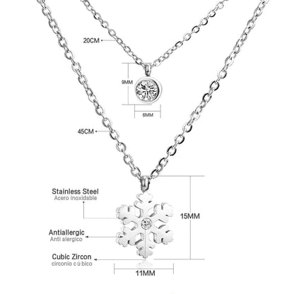 ASON Snowflake Round Cubic Zirconia Pandents Double Chains Necklaces Gold Color Stainless Steel For Women Chokers Christmas