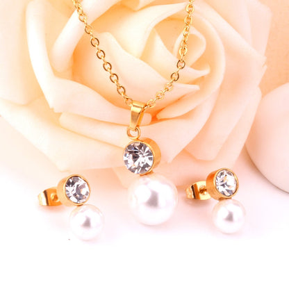 ASON  Classic Jewelry Dubai Jewelry Sets Round Imitation Pearl Pendant Necklace Earring Sets With Round Zirconia Pendants