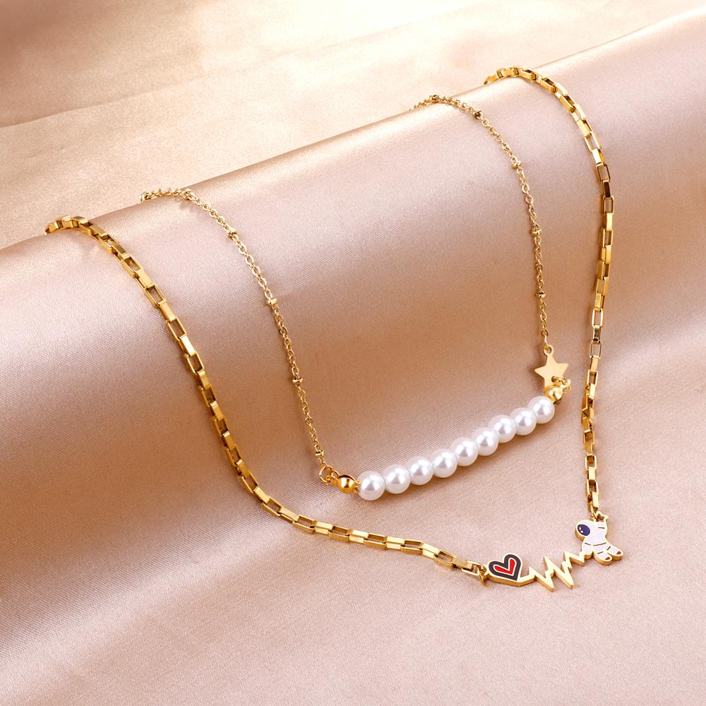 Vintage Necklace Collars Heart Star Astronaut Pendants Layers Jewelry No Fade Box Chains Necklace Female Party