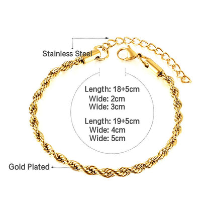 Wholesale Twist Bracelets 2/3/4/5mm Woman Boho Rolo Chain Bracelets Waterproof Stainless Steel Vintage Hand Jewelry pulseras