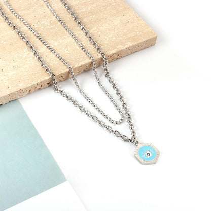 ASON Trendy Hexagon Blue Evil Eye Charm Pendant Necklace Gold Color Stainless Steel For Women Jewelry Chokers Boho Party