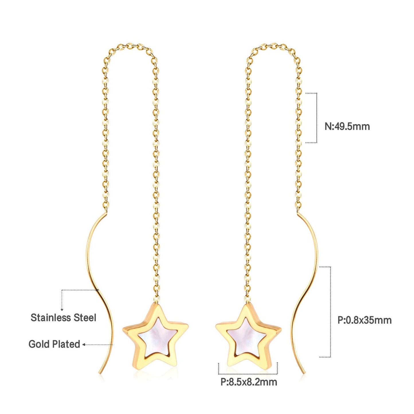ASON Korean Style Star Shell Drop Earrings Dangle Chain Earring Stainless Steel Jewelry for Women Femme Party Gift