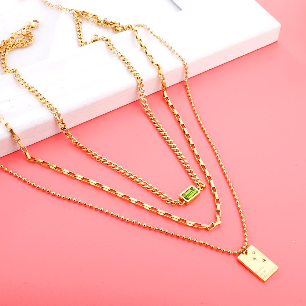 Statement Necklace No Fade Gold Color Stainless Steel Square Crystal Pendant Necklace Women Hiphop Layer Necklaces
