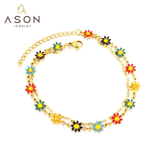 ASON Mixed Color Daisy Accessories Trendy Multi-layer Chains Anklet Gold Color Stainless Steel For Women Girl Jewelry Gift