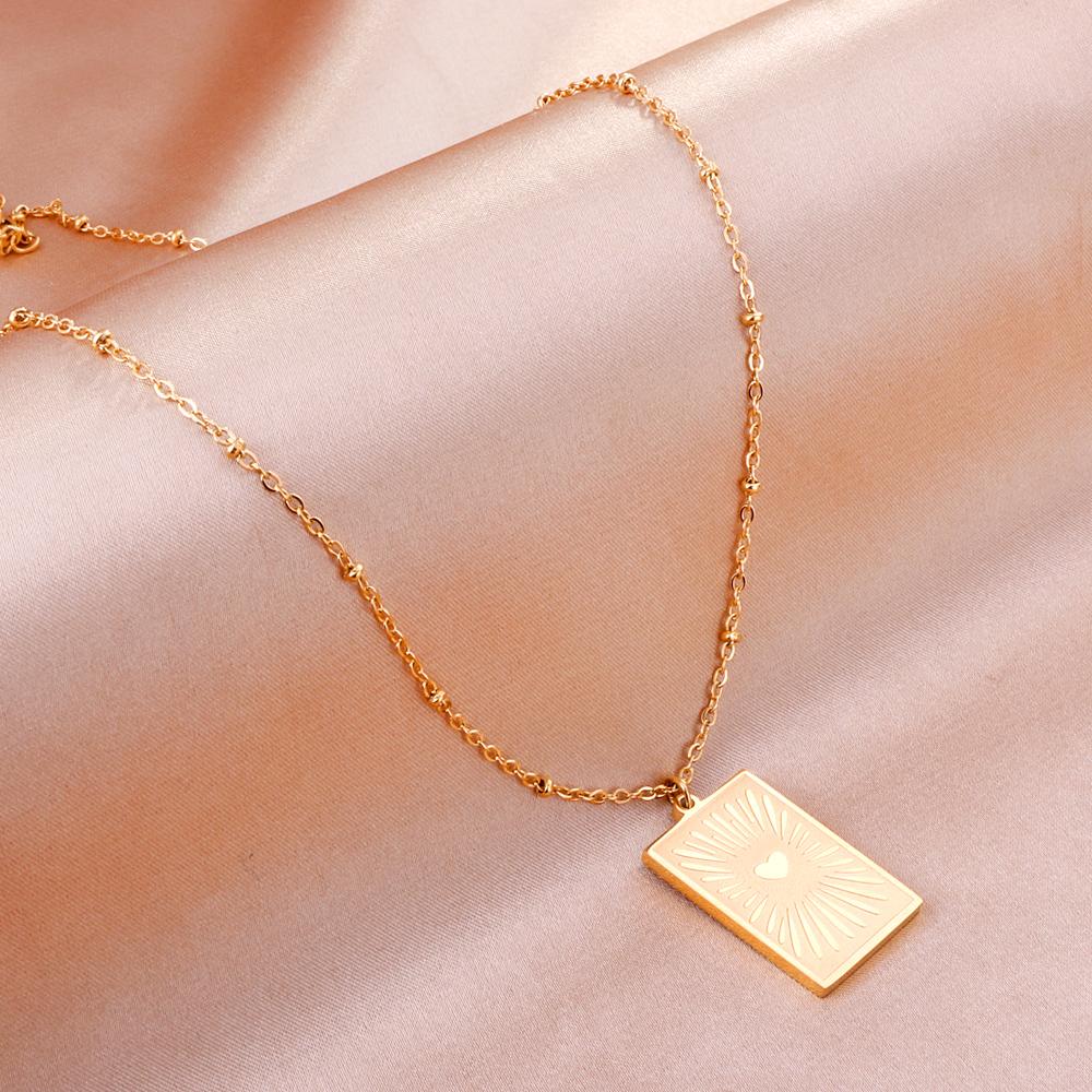 Stainless Steel Heart Shape Pattern Pendant Necklace Gold Color Collar Couple Gifts Accessories