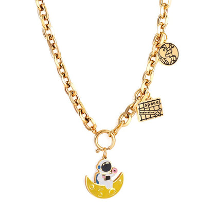 Cute Yellow Astronaut Charms Pendant Necklace For Kids Man Thick Cuban Chains With Geometric Charms Link Chains