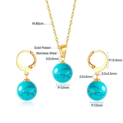 New Blue Opal Jewelry Sets Classic Style Round Shape Pendant Necklace Earrings Fashion Chains Accessoreies Collars