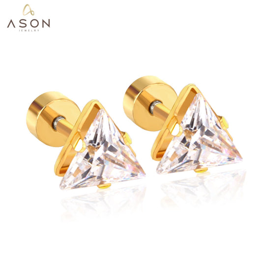 ASON Cute Size 6mm Gold Color Cubic Zirconia Triangle Screw Piercing Stud Earring Stainless Steel Earring For Women Jewelry
