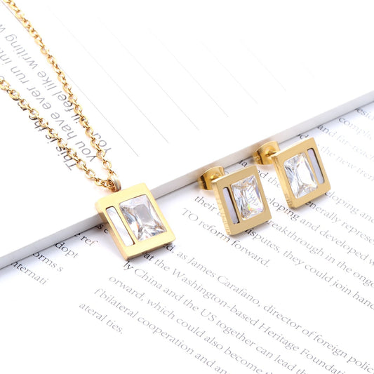 Stainless Steel Wedding Square Shell Chain Necklace Stud Earrings Bridal Jewelry Set Gold Jewellery Sets For Women