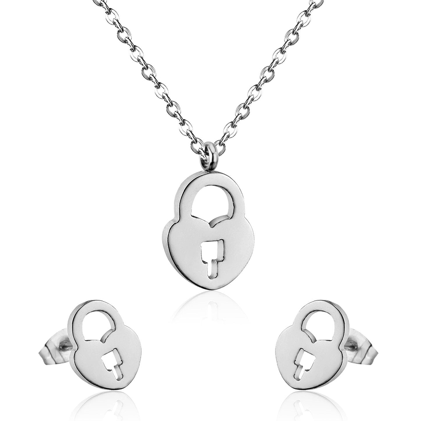 Heart Shape Lock Stainless Steel Silver Color Necklaces Earrings Sets For Ladies Party Jewelry Set pendientes mujer