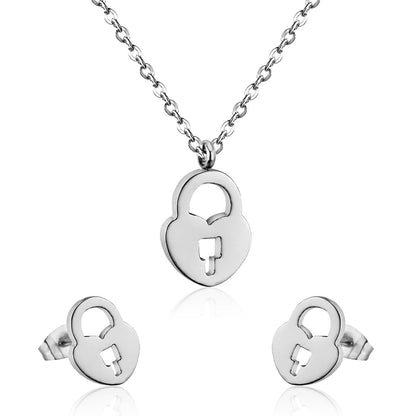 Heart Shape Lock Stainless Steel Silver Color Necklaces Earrings Sets For Ladies Party Jewelry Set pendientes mujer