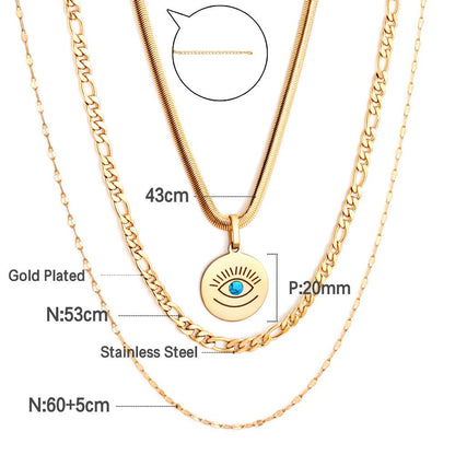 Vintage Multilayer Necklace For Women Stainless Steel Blue Evil Eyes Pendant Snake Figaro Chain Choker Y2k Jewelry