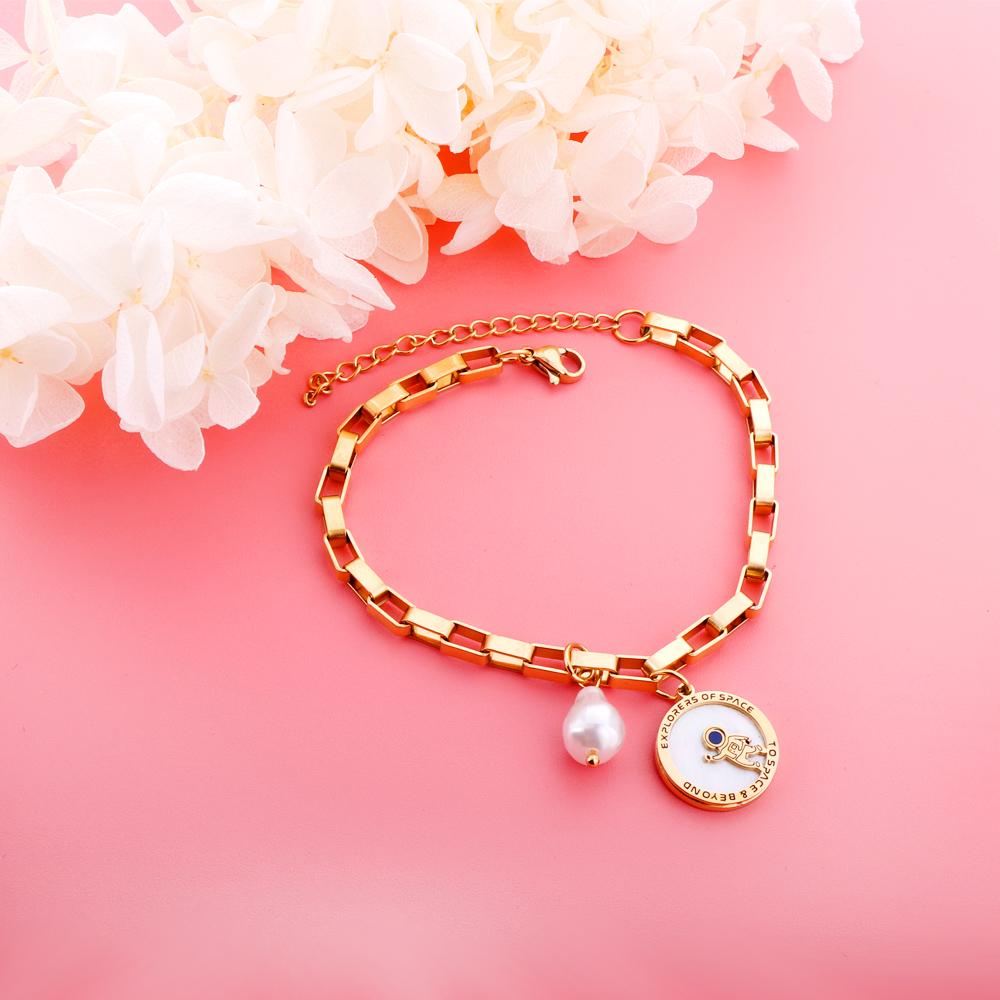 ASON Gold Color Stainless Steel 18+3cm Round Ring Spaceman And Pearl Jewelry Accessory Bracelets For Women Streetwear Daily