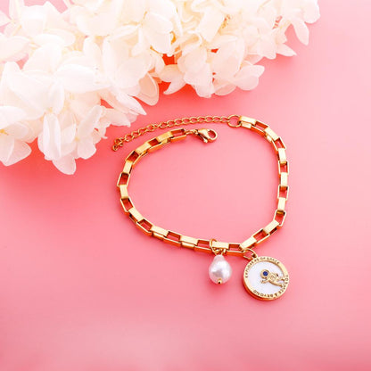 ASON Gold Color Stainless Steel 18+3cm Round Ring Spaceman And Pearl Jewelry Accessory Bracelets For Women Streetwear Daily