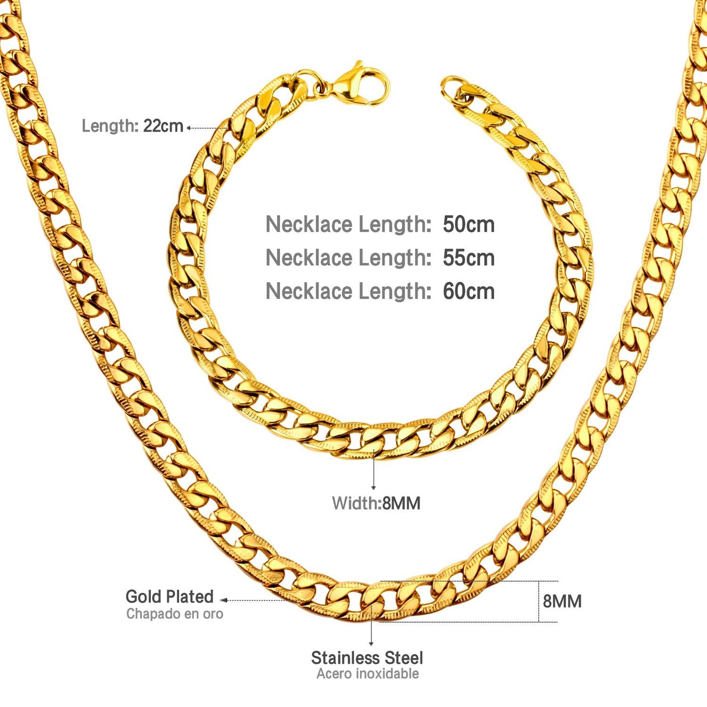 ASON Women/Men Necklace Set Three Colors Stainless Steel Necklace with Bracelet Set Cuban Chain for Diy Jewelry Making