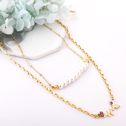 Imitation Pearl Double Layered Necklace With Cute Astronaut Heart Star Charms Box Chian Double Pendant Necklace