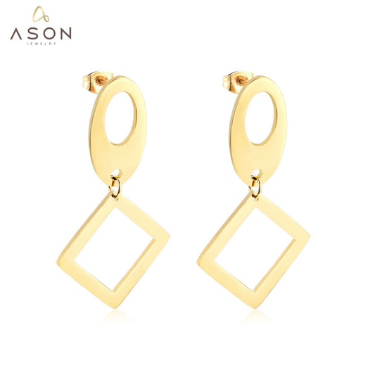 ASON Classic Gold Color Square Pendant Dangle Piercing Earrings Stainless Steel Drop Earring for Women Accessories Jewelry