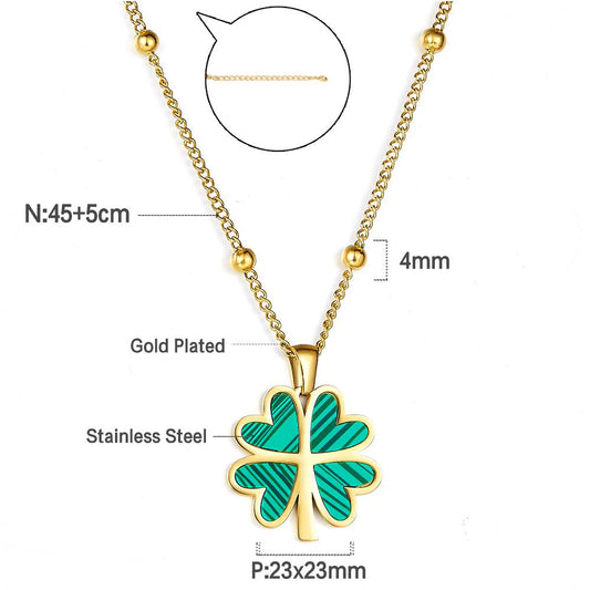 Blue Evil Eyes Bead Four Leaf Clover Pendant Necklace For Women Girls Silver Plate Stainless Steel Rolo Chain Choker