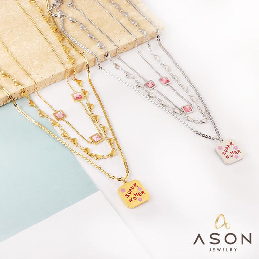 ASON Vintage Square Tag Letter Heart Cubic Zirconia Accessories Multilayer Necklace Gold Color Stainless Steel Women Choker