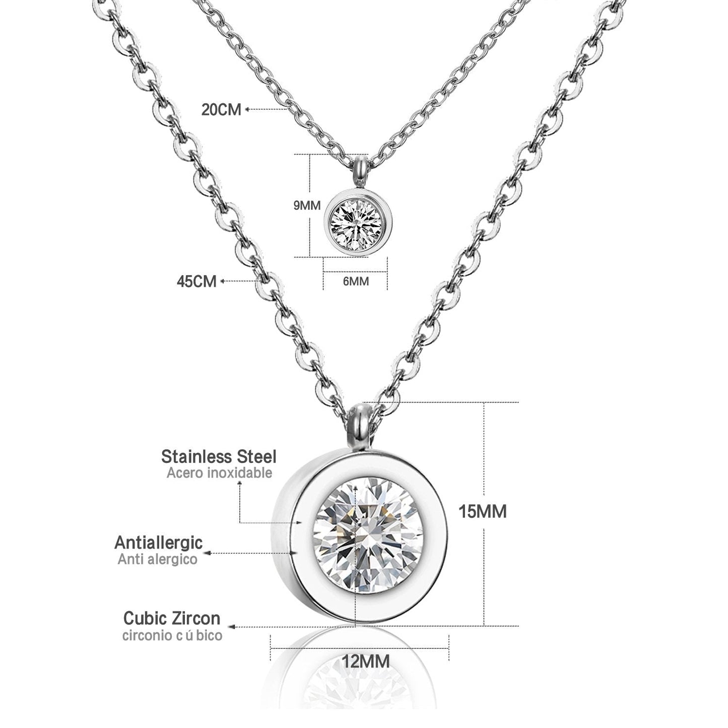 ASON Classic Style Round Cubic Zirconia Stainless Steel Multi-layer Chains Pendants Necklaces For Women Wedding Wholesale