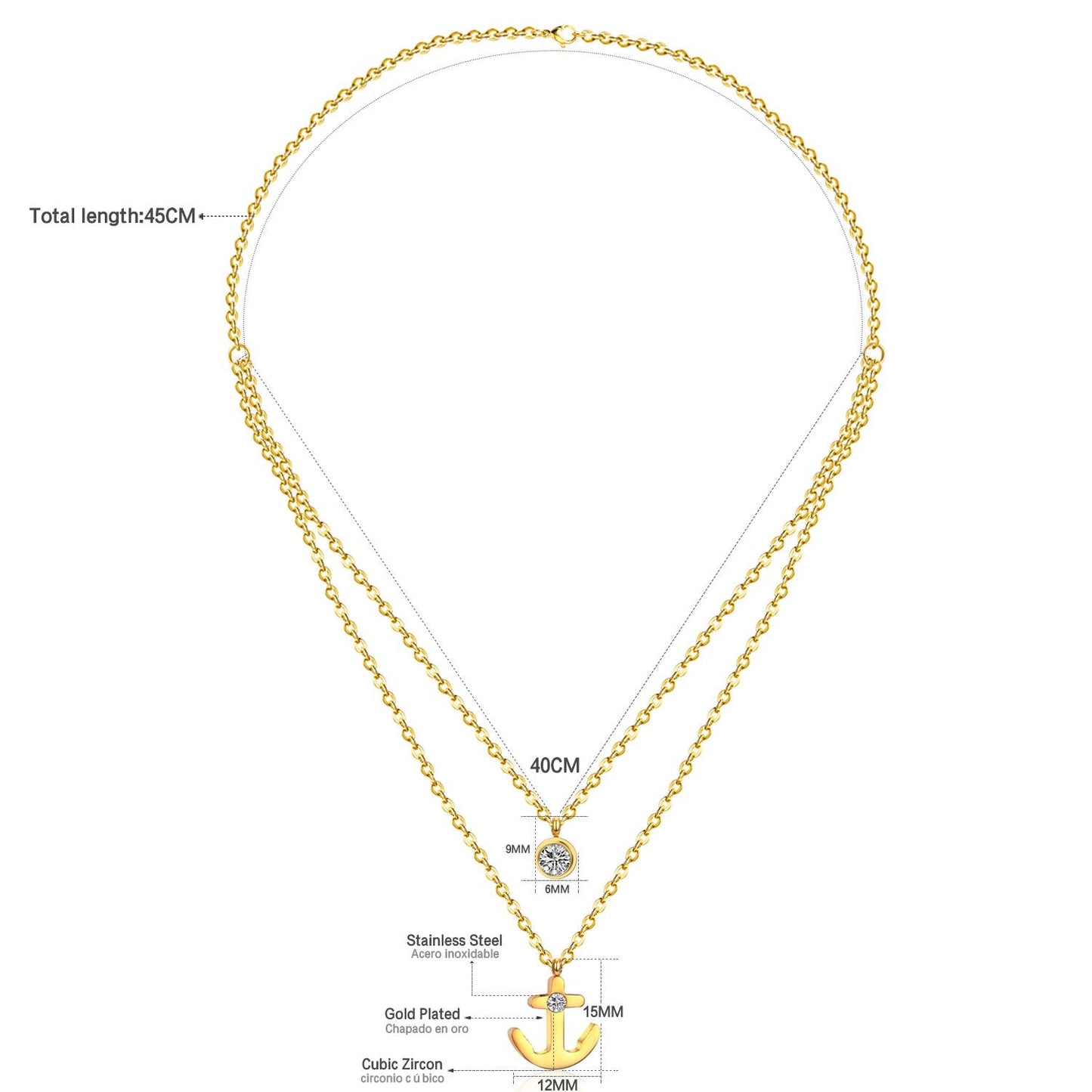 ASON Collier Femme Stainless Steel Double Chain Necklace Gold Color Anchor Pendants Women Choker Collars Fashion Jewelry