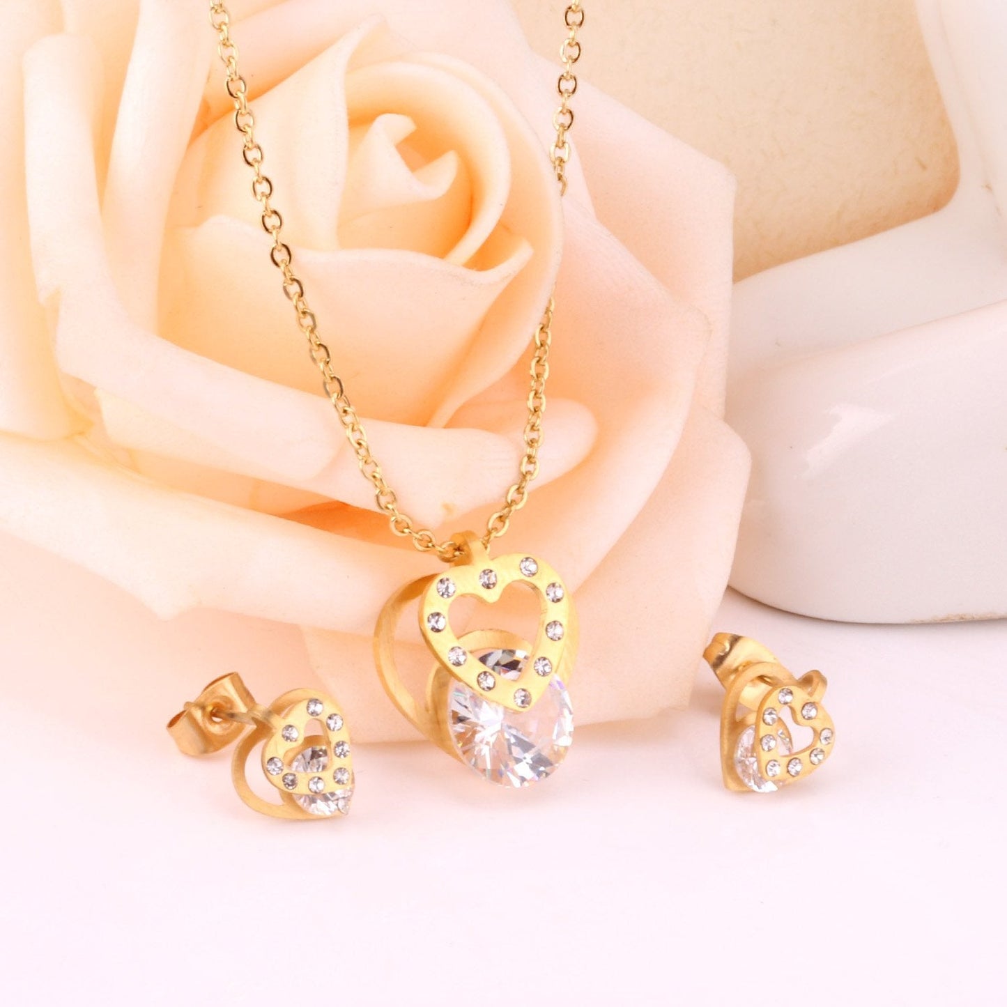 Hot Sale Stainless Steel Sets CZ Fashion Heart Jewelry sets Women Valentine's Day present