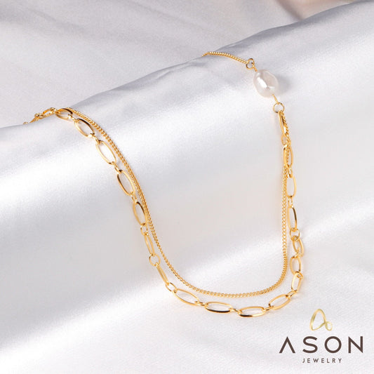 ASON Vintage Imitation Pearl Multi-layer Chains Necklace Gold Color Stainless Steel for Women Fashion Jewelry Chokers Sweet