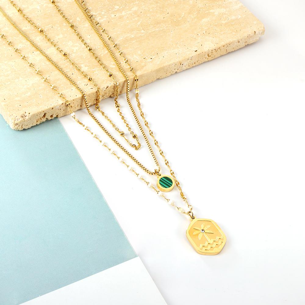 ASON Trendy Hexagon Charm Green Shell Accessories Multi-layer Chain Pendant Necklace Stainless Steel For Women Jewelry Boho