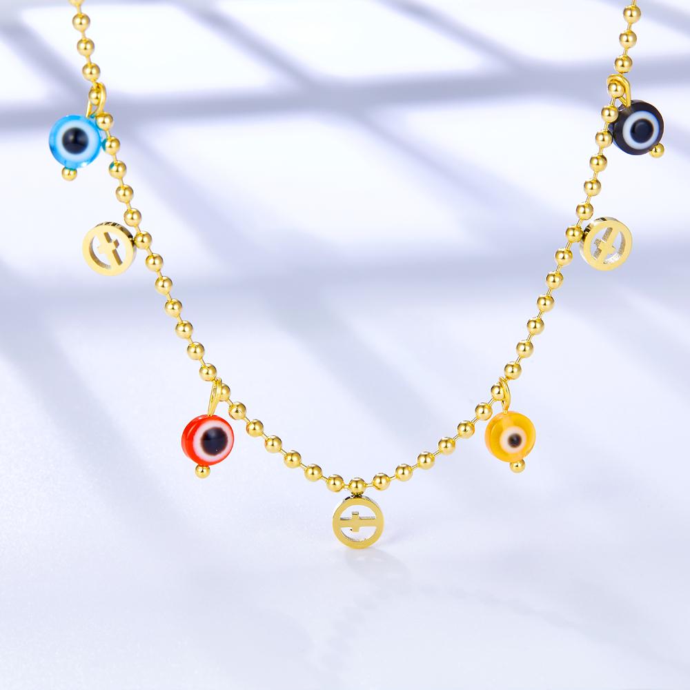 Bohemian Summer Colorful Evil Eyes Beads Necklace For Women Girls Stainless Steel Cross Charm Thin Choker Boho Jewelry
