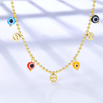 Bohemian Summer Colorful Evil Eyes Beads Necklace For Women Girls Stainless Steel Cross Charm Thin Choker Boho Jewelry