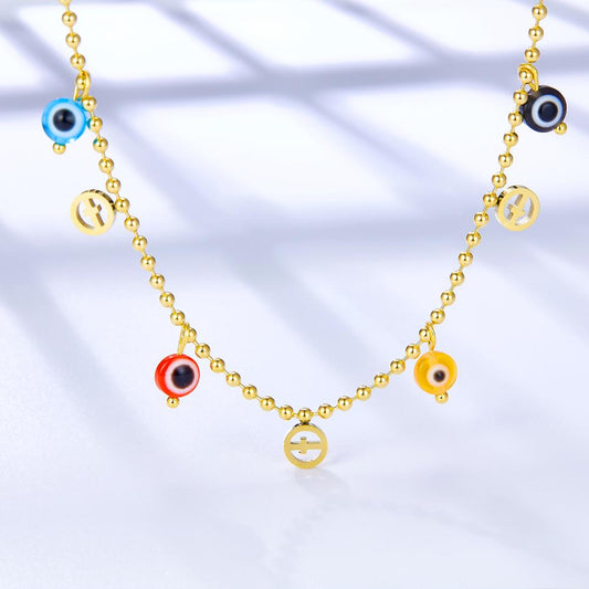 Bohemian Summer Colorful Evil Eyes Beads Necklace For Women Girls Stainless Steel Cross Charm Thin Choker Boho Jewelry