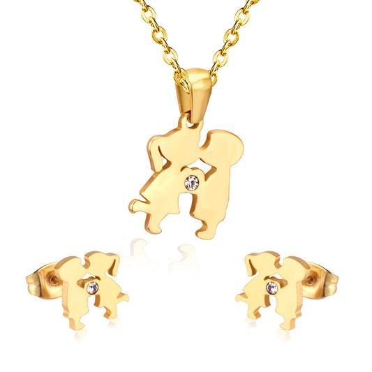 Stainless Steel Dubai Wedding Jewelry Sets KISS Crystal Cute Boy Girl Necklace Earrings Jewellery Sets Gold Color