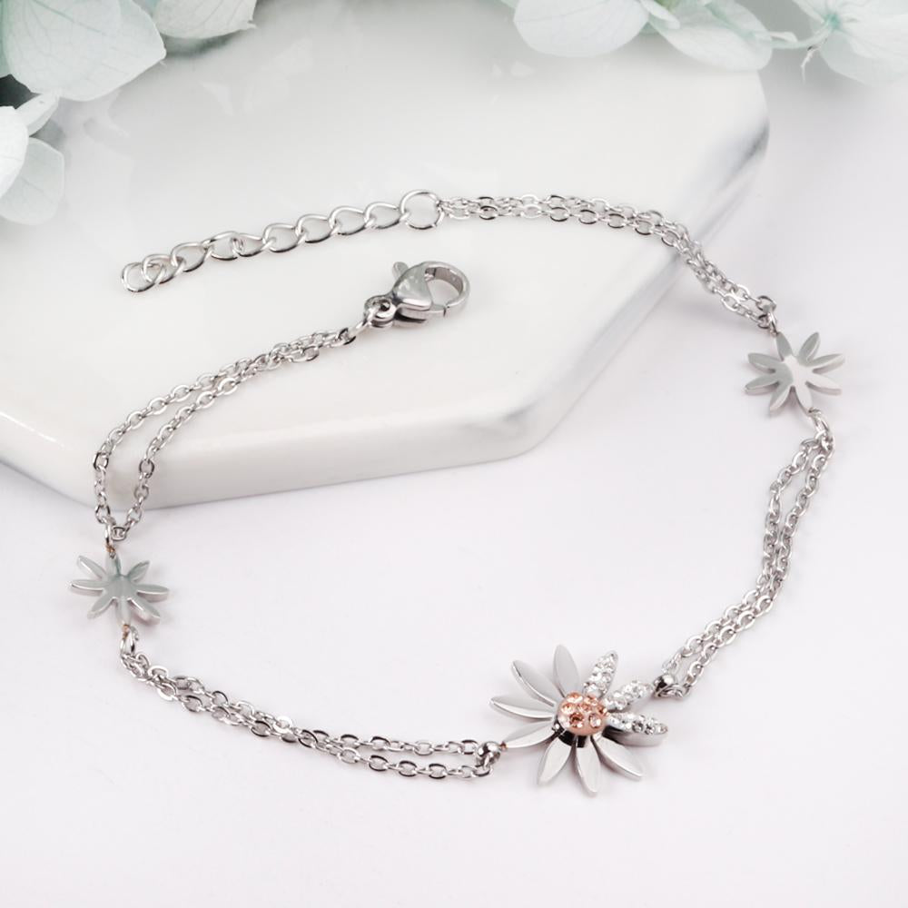 ASON Trendy Silver Color Stainless Steel 18+3 cm Daisy Cubic Zirconia Accessory Bracelets For Women Daily Wear Jewelry