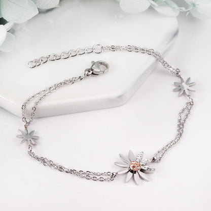 ASON Trendy Silver Color Stainless Steel 18+3 cm Daisy Cubic Zirconia Accessory Bracelets For Women Daily Wear Jewelry