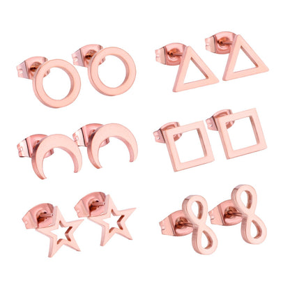 ASON Rose Gold Earrings Round Square Triangle Star Moon 6Pairs/box Girl Earrings Stainless Steel Weekend Jewelry Friend