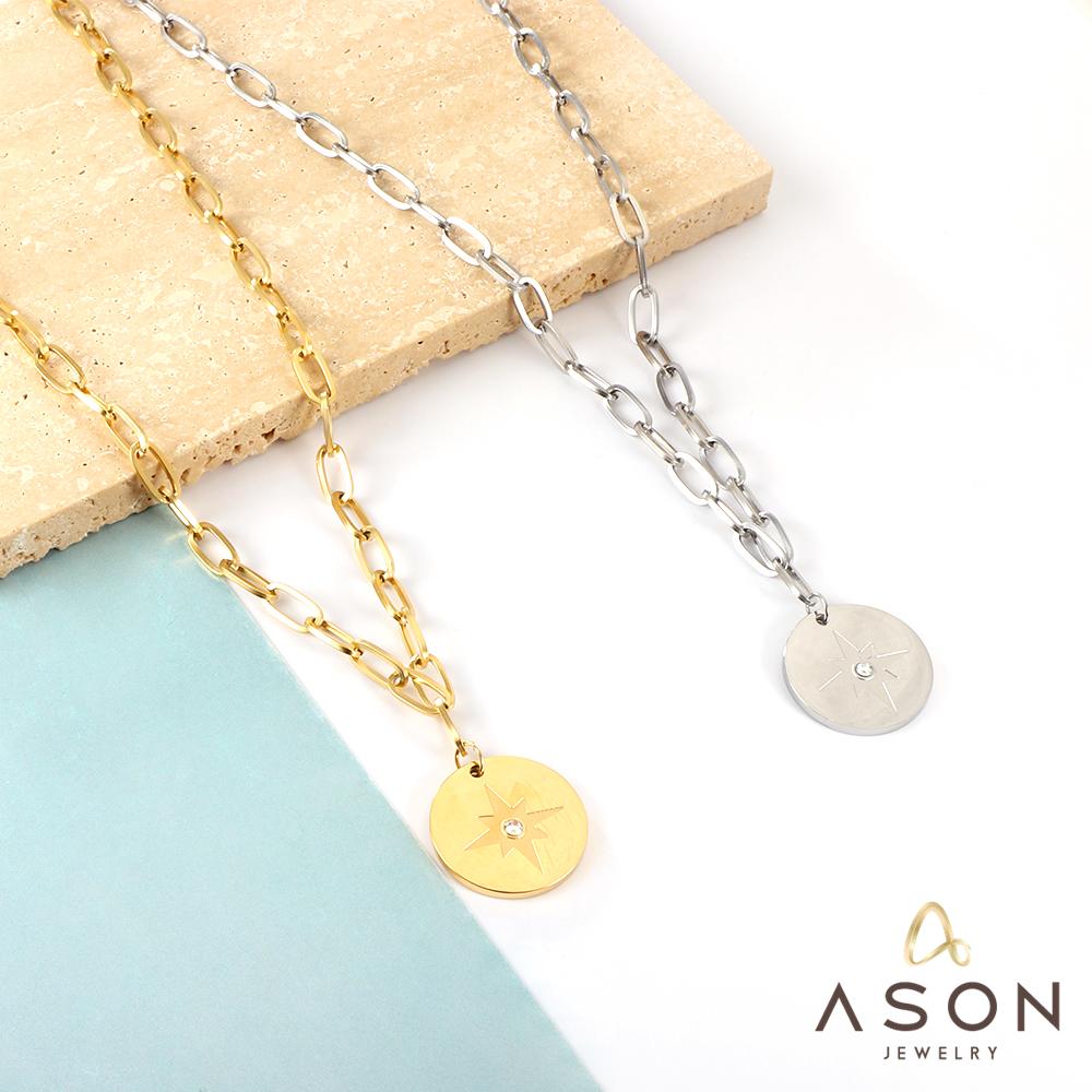 ASON Trendy Round Charm Luck Star Pendant Necklace Chains Gold Color Stainless Steel For Women Jewelry Chokers Simple Style