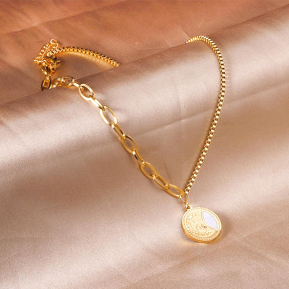 ASON Fashion Gold Color Stainless Steel Christmas Pattern Pendant Necklace with Shell for Women Men Jewelry Gift Accessory