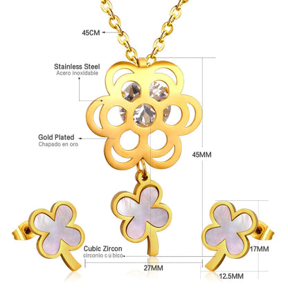 ASON Flower Shell Stainless Steel Gold Wedding Jewelry Sets for Women Cubic Zirconia Necklace Pendant Small Stud Earring