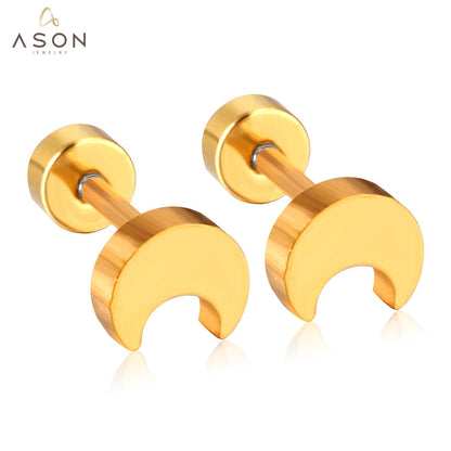 ASON Scurb Star Moon Screw Piercing Stud Earrings Stainless Steel Gold Color for Women Unique Accessories Jewelry Christmas