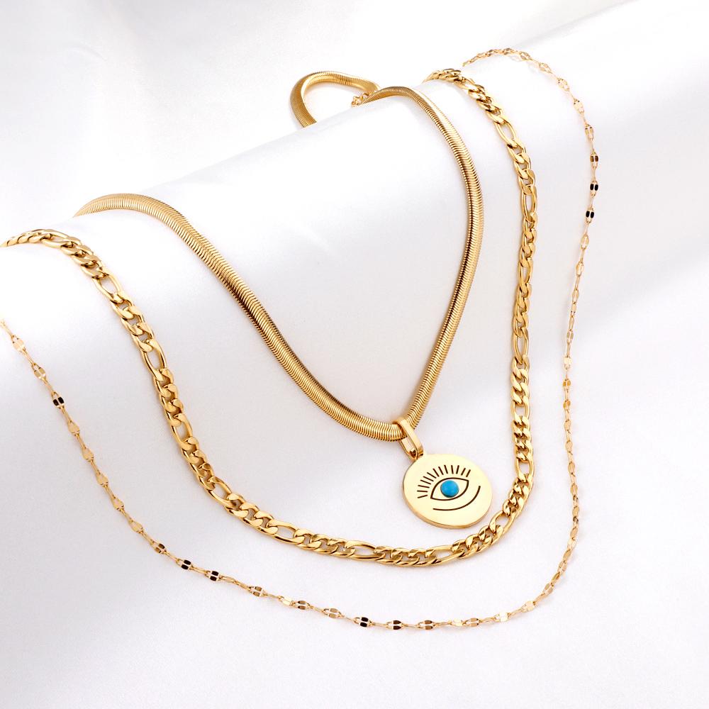Vintage Multilayer Necklace For Women Stainless Steel Blue Evil Eyes Pendant Snake Figaro Chain Choker Y2k Jewelry