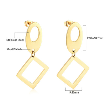 ASON Classic Gold Color Square Pendant Dangle Piercing Earrings Stainless Steel Drop Earring for Women Accessories Jewelry