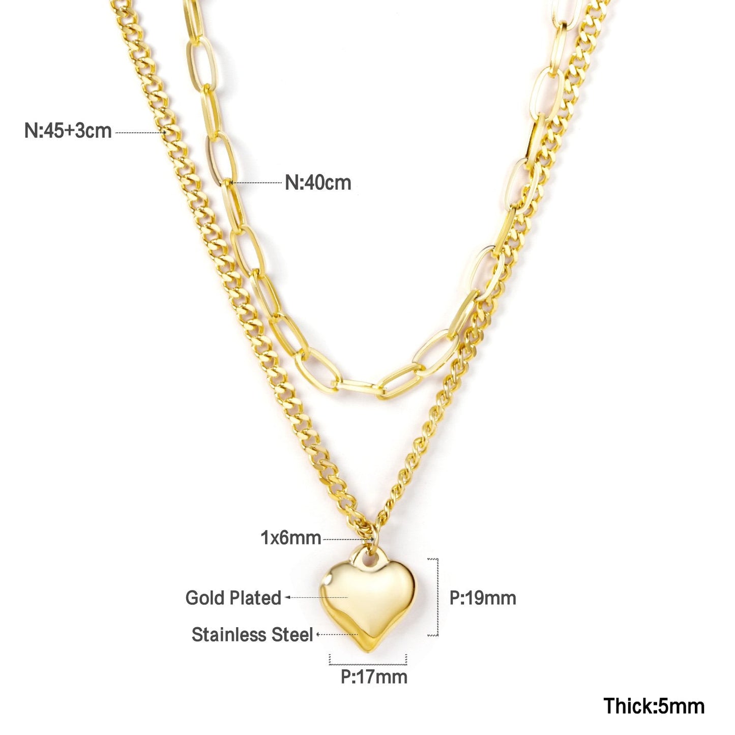 Cuban Choker Necklaces Collar Statement Jewelry inoxydable Female Gold Color Heart Pendants Double Layer Chains