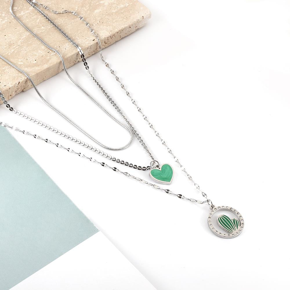 ASON Trendy Heart Cactus Accessories Multi-layer Chain Pendant Necklace Gold Color Stainless Steel For Women Jewelry Choker