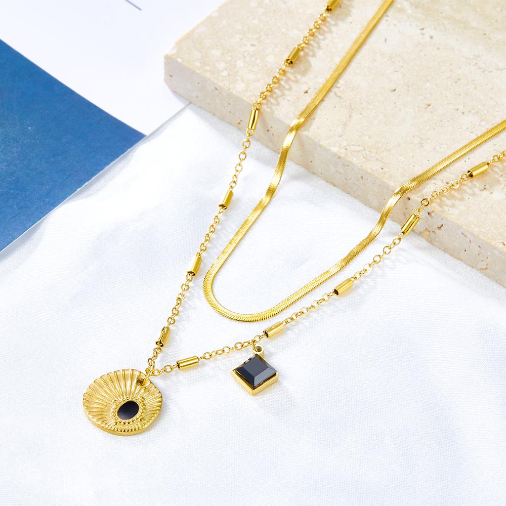 Chic Women Doulbe Layer Necklace Shell Black Drip Oil Charm Gold Color Stainless Steel Snake Chain For Girls