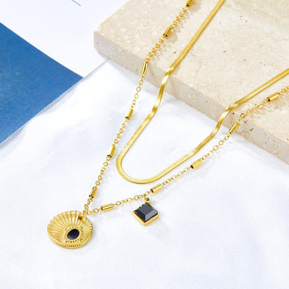 Chic Women Doulbe Layer Necklace Shell Black Drip Oil Charm Gold Color Stainless Steel Snake Chain For Girls